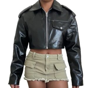 Short leather jacket black loose jacket top