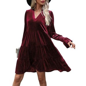 Long Sleeve Spliced Dress Evening Dress Velvet Dress